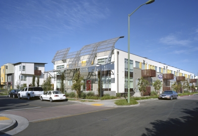 Exterior view of supportive housing units at Tassafaronga Village in East Oakland, CA. 