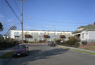 Exterior view of supportive housing units at Tassafaronga Village in East Oakland, CA. 