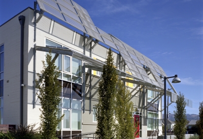 Entrance of supportive housing units at Tassafaronga Village in East Oakland, CA. 