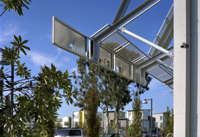 Entrance of supportive housing units at Tassafaronga Village in East Oakland, CA. 