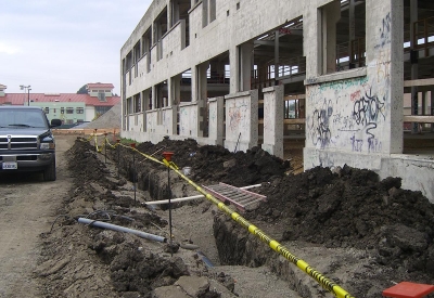 Construction of the degraded pasta factory building during construction at Tassafaronga Village in East Oakland, CA.. 