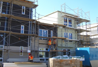 Townhouses under construction at Tassafaronga Village in East Oakland, CA.