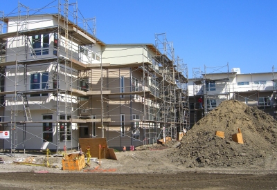Townhouse courtyard under construction at Tassafaronga Village in East Oakland, CA.