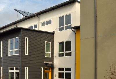 Townhouses under construction at Tassafaronga Village in East Oakland, CA.