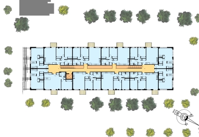 Upper-level plan of the renovated pasta factory housing at  Tassafaronga Village in East Oakland, CA. 