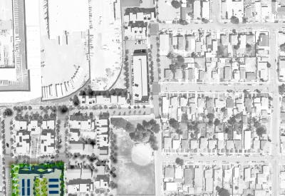 Site plan highlighting the family rental apartment building for Tassafaronga Village in East Oakland, CA. 