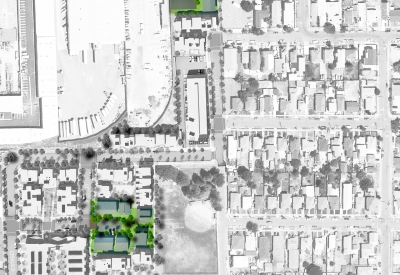 Site plan highlighting Kinsell Commons: Two integrated micro-neighborhoods of Habitat for Humanity townhouses at  Tassafaronga Village in East Oakland, CA. 