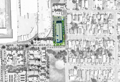 Site plan highlighting the adaptive reuse of the abandoned pasta factory building at  Tassafaronga Village in East Oakland, CA. 