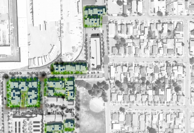 Site plan highlighting the family townhouses at  Tassafaronga Village in East Oakland, CA. 