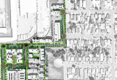 Site plan highlighting walkable pathways at Tassafaronga Village in East Oakland, CA. 