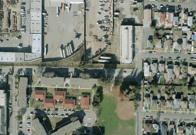 Aerial of the original site of Tassafaronga Village in East Oakland, CA. 