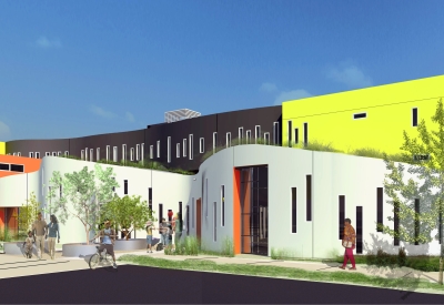 Rendering of community and apartments building for Tassafaronga Village in East Oakland, CA. 