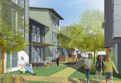 Rendering of pathways between townhouses at Tassafaronga Village in East Oakland, CA.