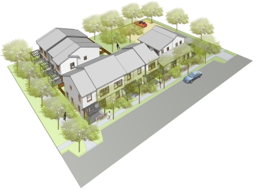 Rendering of Kinsell Commonsn for Tassafaronga Village in East Oakland, CA.