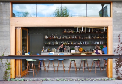 Looking into the Spoonbar bar from the street at h2hotel in Healdsburg, Ca.