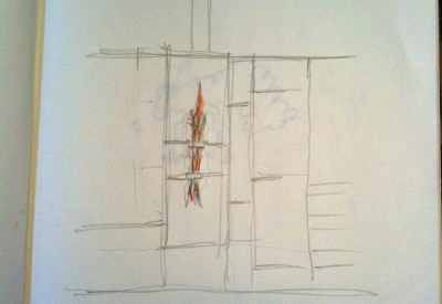 Sketch for lobby fire art inside h2hotel in Healdsburg, Ca.