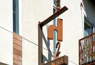 Street sign detail fo h2hotel in Healdsburg, Ca.