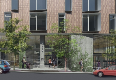 Rendered view of 222 Taylor Street front entrance, affordable housing in San Francisco