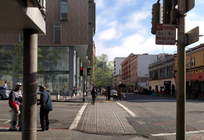 Rendering of the intersection in front of 222 Taylor Street, affordable housing in San Francisco