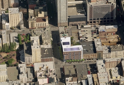 Rendered aerial view of 222 Taylor Street, affordable housing in San Francisco