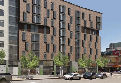 Rendering of the street view of 222 Taylor Street, affordable housing in San Francisco