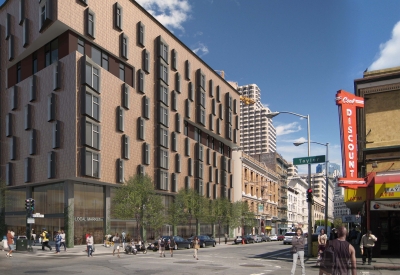 Rendered street view of 222 Taylor Street, affordable housing in San Francisco