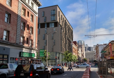 Rendered street view of 222 Taylor Street, affordable housing in San Francisco