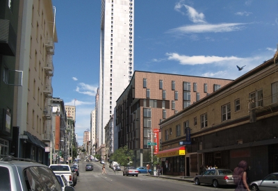 Rendered street view of 222 Taylor Street, affordable housing in San Francisco