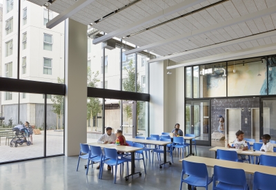 Community room inside 222 Taylor Street, affordable housing in San Francisco