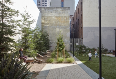 Courtyard inside 222 Taylor Street, affordable housing in San Francisco