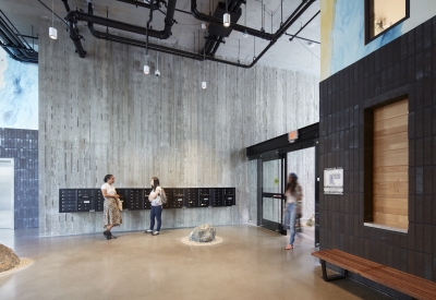 Entrance lobby inside 222 Taylor Street, affordable housing in San Francisco.