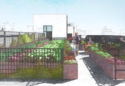 A computer-rendered view of the roof top garden at 222 Taylor Street, affordable housing in San Francisco