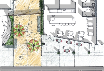 Aerial sketch of the cafe for La Valentina Station in Sacramento, Ca.