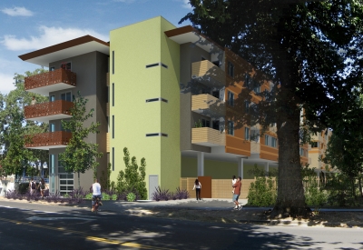 Exterior rendering of the rear of La Valentina Station in Sacramento, Ca.