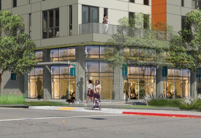 Exterior rendering of the retail spaces at Parker Place in Berkeley, California