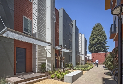 Ground floor units and garden mews at Parker Place in Berkeley, California.