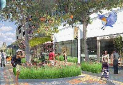 Exterior rendering of retail spaces at Parker Place in Berkeley, California.