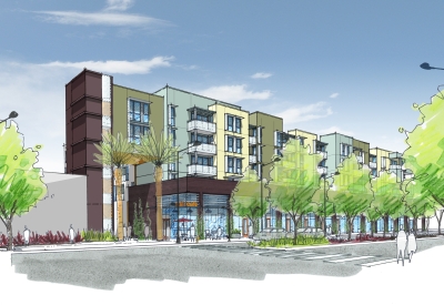 Exterior sketch of Station Center Family Housing in Union City, Ca