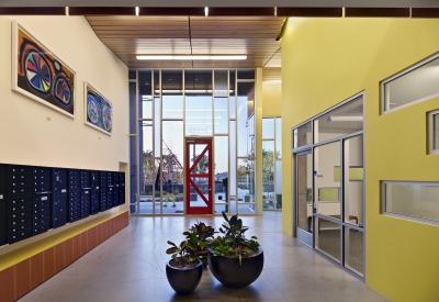 Entrance lobby inside Station Center Family Housing in Union City, Ca.