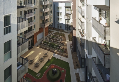 Looking out to the courtyard at Station Center Family Housing in Union City, Ca.