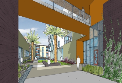 Sketch of the entrance to Station Center Family Housing in Union City, Ca
