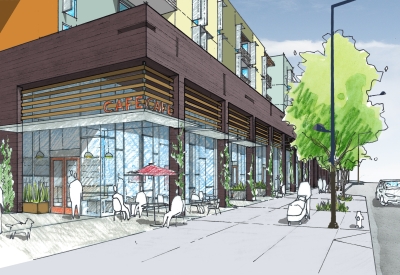 Sketch of planned retail spaces for Station Center Family Housing in Union City, Ca