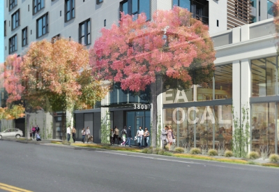 Exterior rendering of the entry to The Intersection in Emeryville, California.