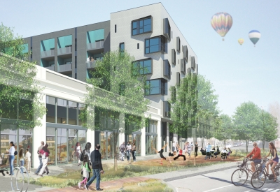 Exterior rendering of the retail spaces for the Intersection in Emeryville, California.