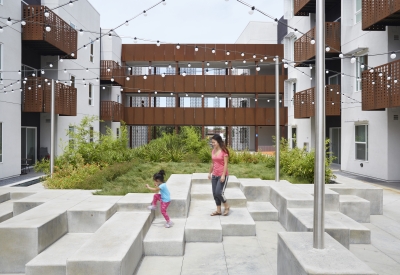 Child playing in the courtyard inside Rivermark in Sacramento, Ca.