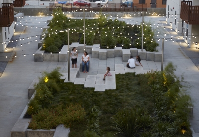 Courtyard with cafe lighting inside Rivermark in Sacramento, Ca.