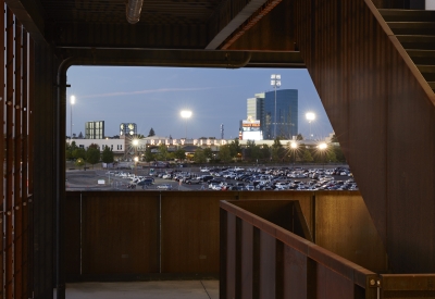 View of a stadium from the stairs at Rivermark in Sacramento, Ca.