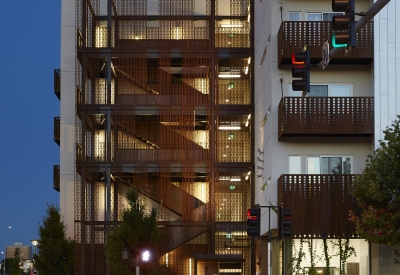 Entry tower at night at Rivermark in Sacramento, Ca.