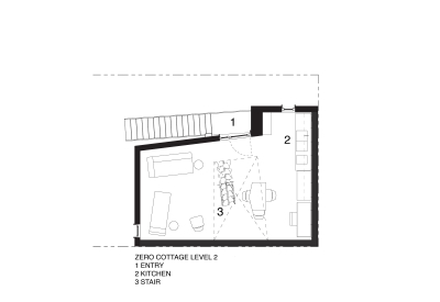 Second level, the kitchen and living space, presentation plan for Zero Cottage in San Francisco.