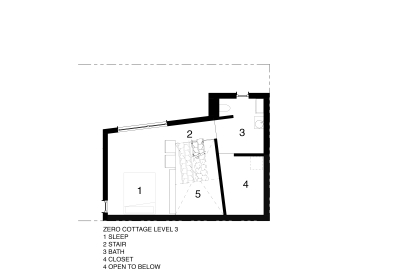 Third level, the sleeping and bathroom space, presentation plan for Zero Cottage in San Francisco.